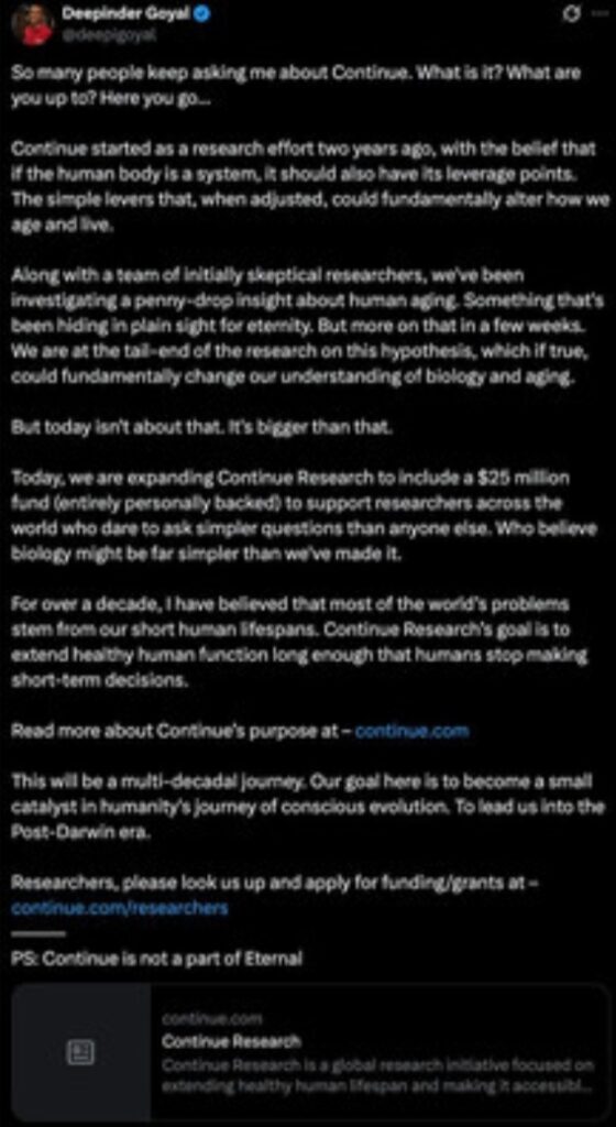 Longevity Science: How Deepinder Goyal’s Continue Research is Redefining Human Aging
